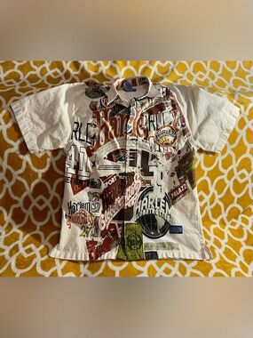 FUBU White Short-Sleeve Button-Down Shirt with Multi-Color Graphic Print